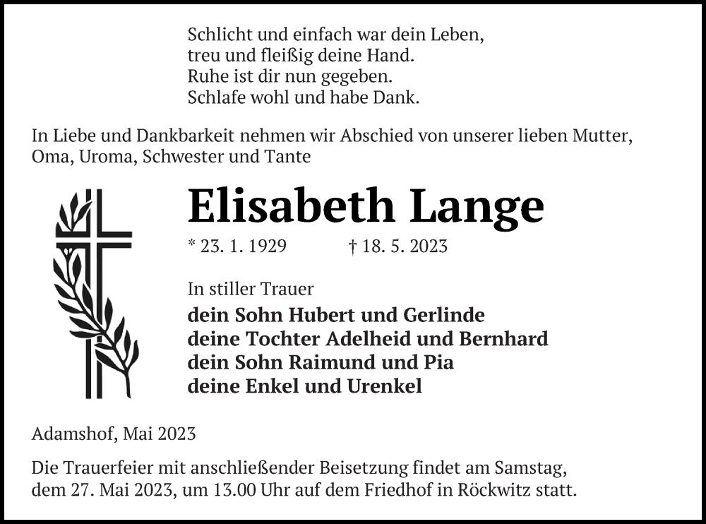  Traueranzeige für Elisabeth Lange vom 24.05.2023 aus Neubrandenburger Zeitung