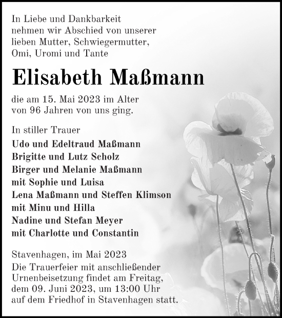 Traueranzeige von Elisabeth Maßmann von Mecklenburger Schweiz