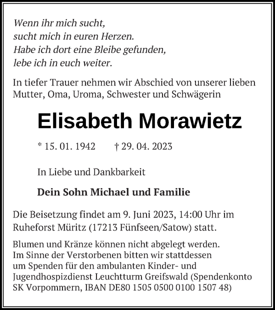 Traueranzeige von Elisabeth Morawietz von Müritz-Zeitung