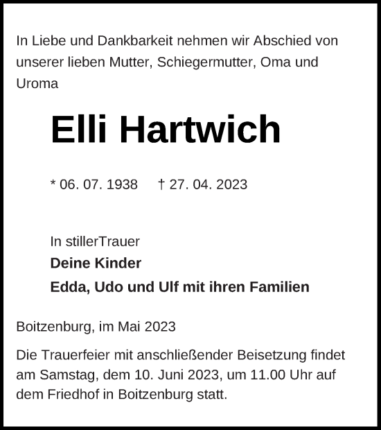 Traueranzeige von Elli Hartwich von Templiner Zeitung