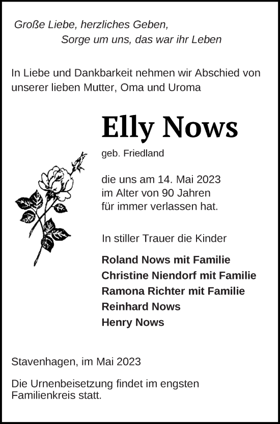 Traueranzeige von Elly Nows von Mecklenburger Schweiz