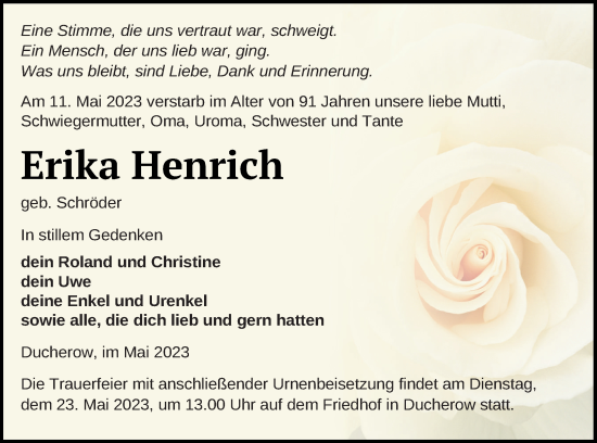 Traueranzeige von Erika Henrich von Vorpommern Kurier