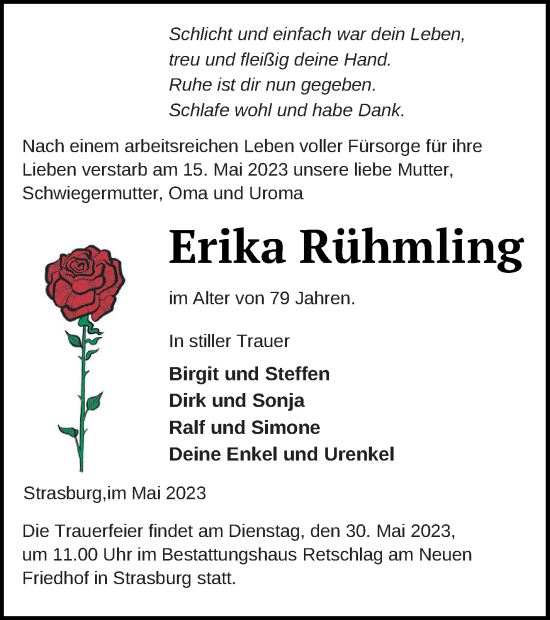 Traueranzeige von Erika Rühmling von Pasewalker Zeitung