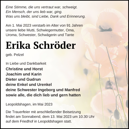 Traueranzeige von Erika Schröder von Haff-Zeitung