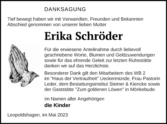 Traueranzeige von Erika Schröder von Haff-Zeitung