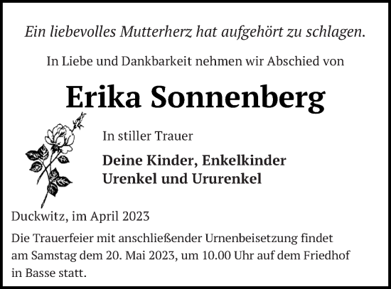 Traueranzeige von Erika Sonnenberg von Mecklenburger Schweiz