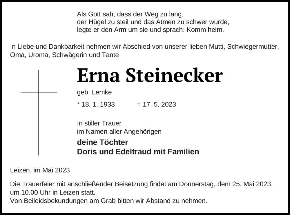  Traueranzeige für Erna Steinecker vom 23.05.2023 aus Müritz-Zeitung