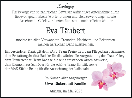 Traueranzeige von Eva Täubert von Vorpommern Kurier