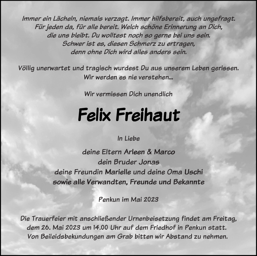  Traueranzeige für Felix Freihaut vom 20.05.2023 aus Pasewalker Zeitung