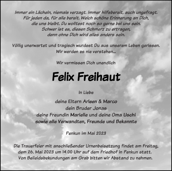 Traueranzeige von Felix Freihaut von Pasewalker Zeitung