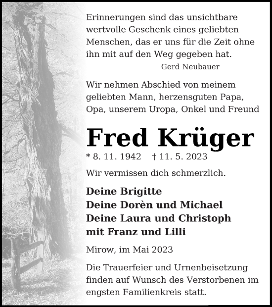 Traueranzeige von Fred Krüger von Strelitzer Zeitung