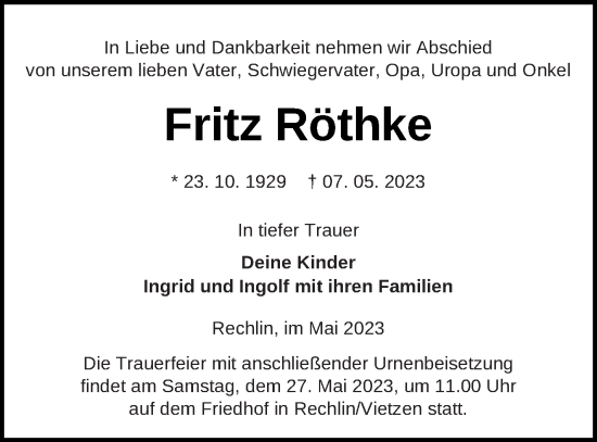 Traueranzeige von Fritz Röthke von Müritz-Zeitung