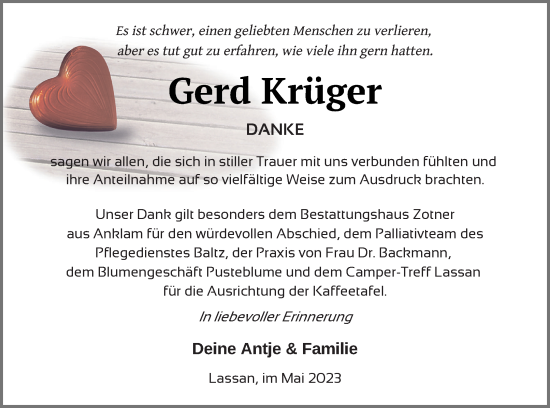 Traueranzeige von Gerd Krüger von Vorpommern Kurier