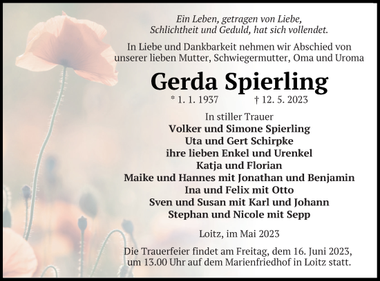 Traueranzeige von Gerda Spierling von Vorpommern Kurier