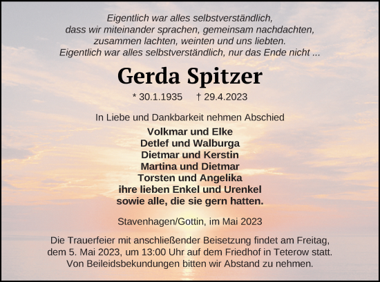 Traueranzeige von Gerda Spitzer von Mecklenburger Schweiz