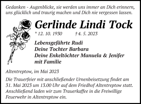 Traueranzeige von Gerlinde Lindi Tock von Neubrandenburger Zeitung