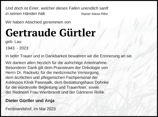 Traueranzeige von Gertraude Gürtler von Haff-Zeitung