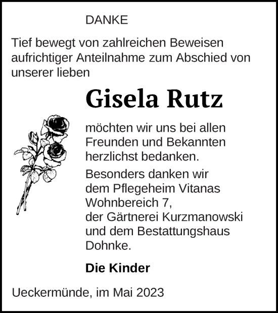Traueranzeige von Gisela Rutz von Haff-Zeitung