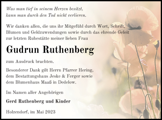 Traueranzeige von Gudrun Ruthenberg von Prenzlauer Zeitung