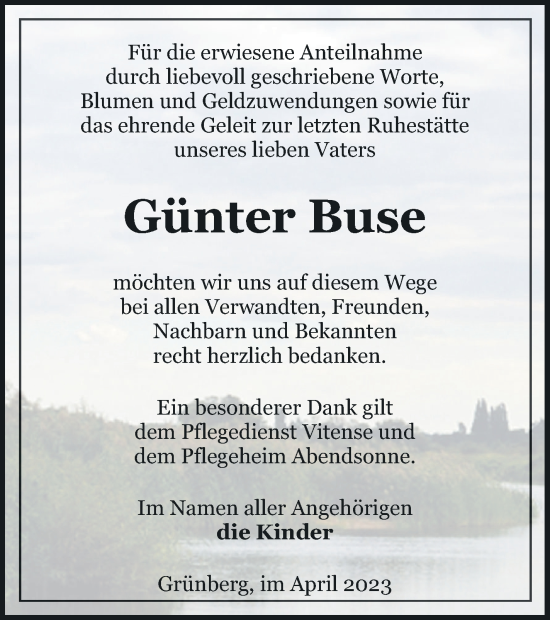 Traueranzeige von Günter Buse von Pasewalker Zeitung