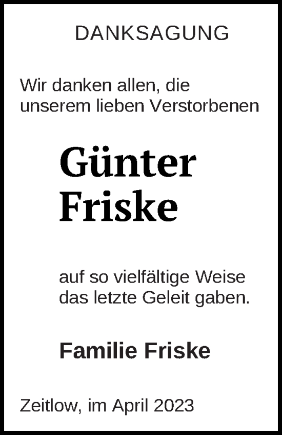 Traueranzeige von Günter Friske von Demminer Zeitung