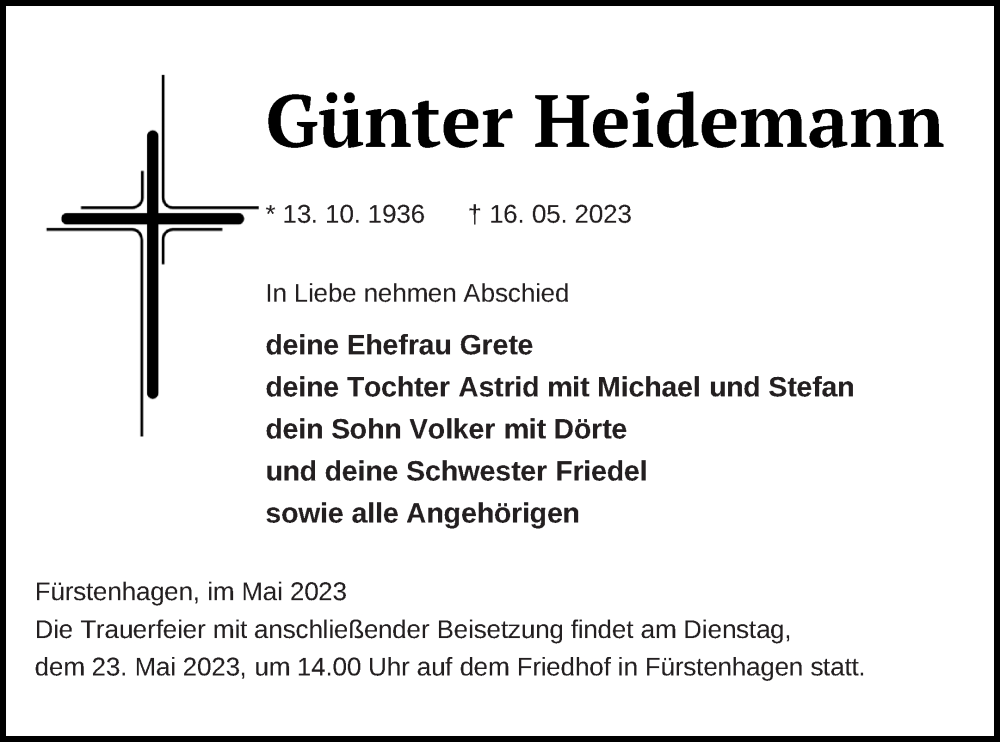  Traueranzeige für Günter Heidemann vom 19.05.2023 aus Neubrandenburger Zeitung