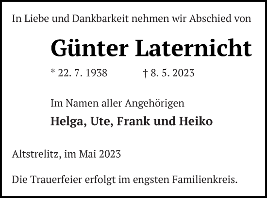 Traueranzeige von Günter Laternicht von Strelitzer Zeitung