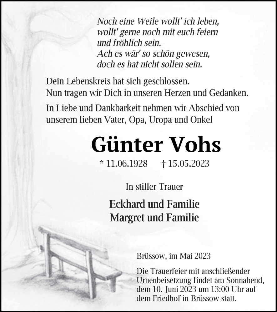  Traueranzeige für Günter Vohs vom 26.05.2023 aus Prenzlauer Zeitung