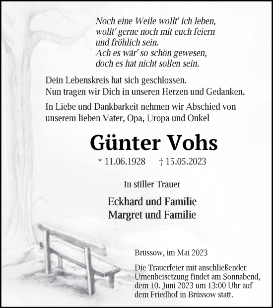 Traueranzeige von Günter Vohs von Prenzlauer Zeitung