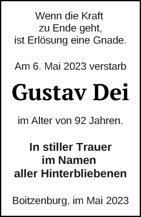 Traueranzeige von Gustav Dei von Templiner Zeitung