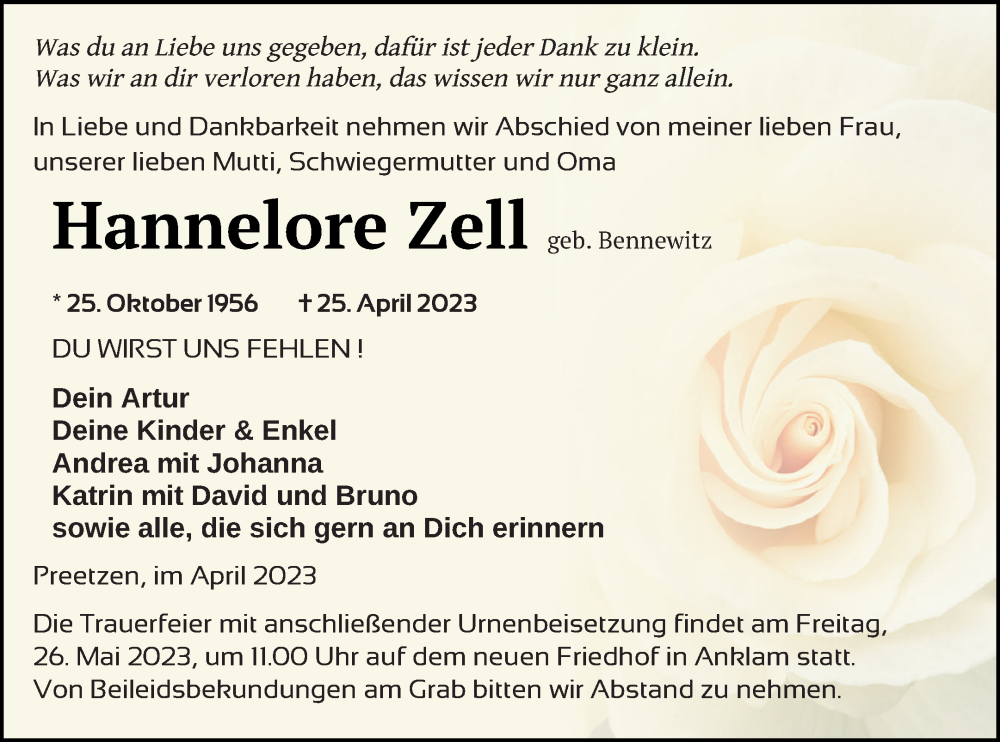  Traueranzeige für Hannelore Zell vom 05.05.2023 aus Vorpommern Kurier