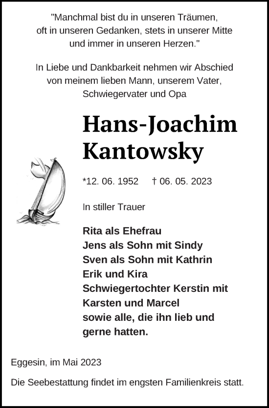 Traueranzeige von Hans-Joachim Kantowsky von Haff-Zeitung