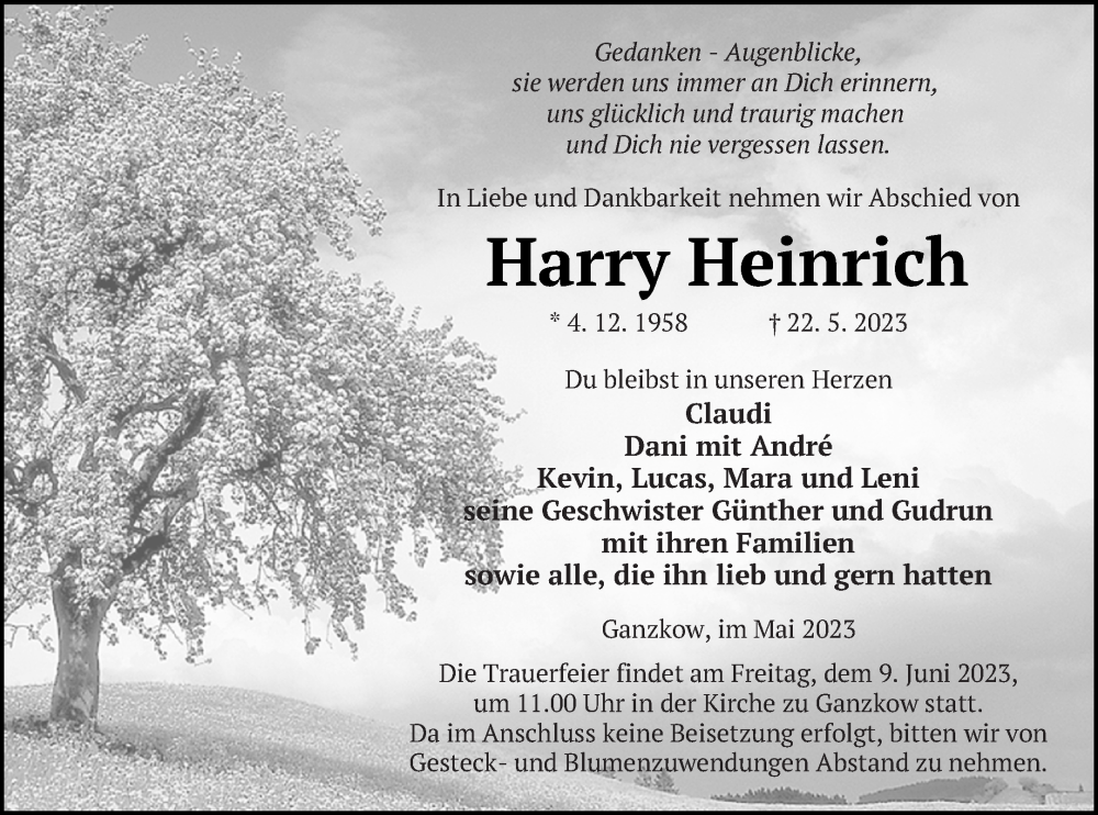  Traueranzeige für Harry Heinrich vom 27.05.2023 aus Neubrandenburger Zeitung