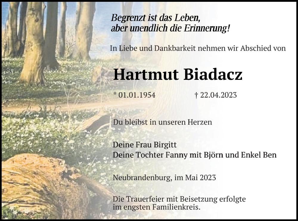  Traueranzeige für Hartmut Biadacz vom 09.05.2023 aus Neubrandenburger Zeitung