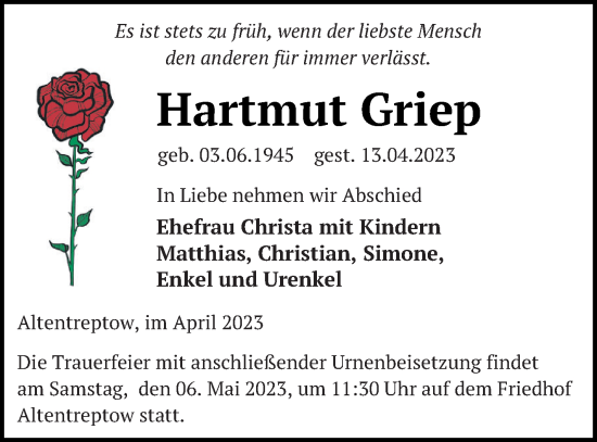 Traueranzeige von Hartmut Griep von Neubrandenburger Zeitung