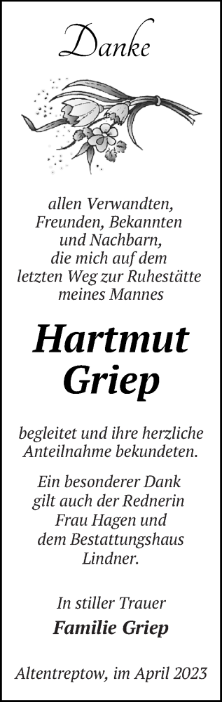 Traueranzeige von Hartmut Griep von Neubrandenburger Zeitung