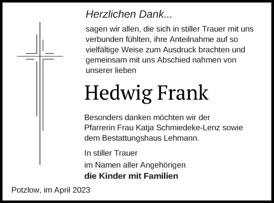 Traueranzeige von Hedwig Frank von Prenzlauer Zeitung