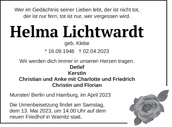 Traueranzeige von Helma Lichtwardt von Prenzlauer Zeitung