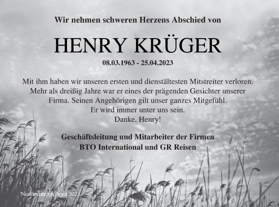 Traueranzeige von Henry Krüger von Wirtschaftsraum Neubr./Neustr./Waren