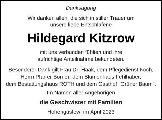 Traueranzeige von Hildegard Kitzrow von Prenzlauer Zeitung