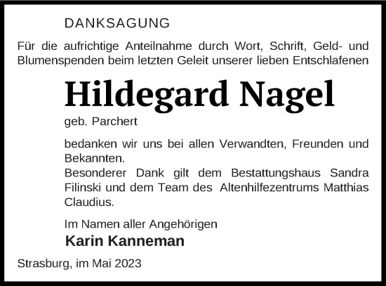 Traueranzeige von Hildegard Nagel von Pasewalker Zeitung