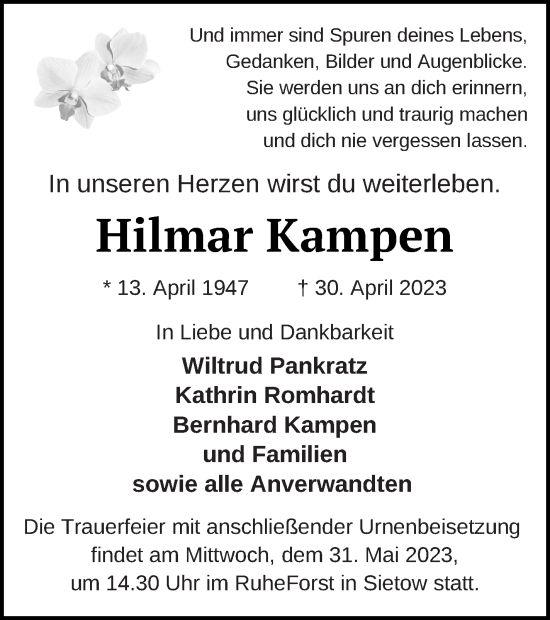 Traueranzeige von Hilmar Kampen von Müritz-Zeitung