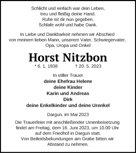 Traueranzeige von Horst Nitzbon von Mecklenburger Schweiz