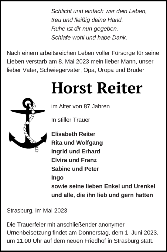 Traueranzeige von Horst Reiter von Pasewalker Zeitung