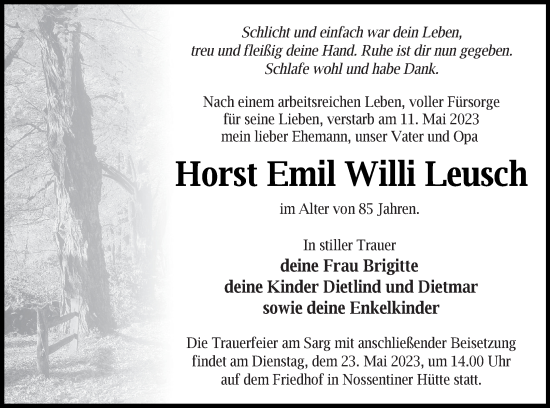 Traueranzeige von Horst Emil Willi Leusch von Müritz-Zeitung