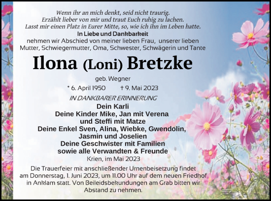 Traueranzeige von Ilona Bretzke von Vorpommern Kurier