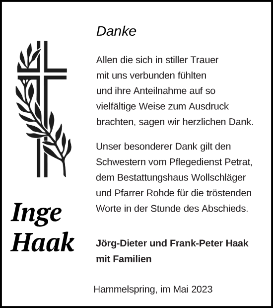 Traueranzeige von Inge Haak von Templiner Zeitung