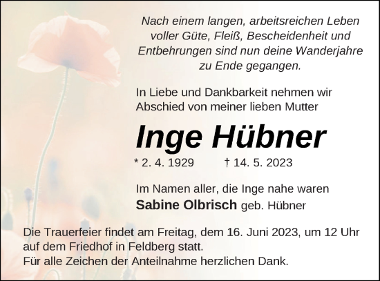 Traueranzeige von Inge Hübner von Pasewalker Zeitung