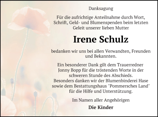 Traueranzeige von Irene Schulz von Pasewalker Zeitung