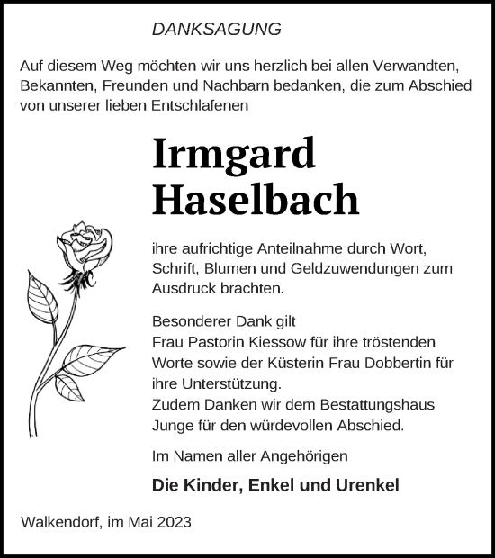 Traueranzeige von Irmgard Haselbach von Mecklenburger Schweiz